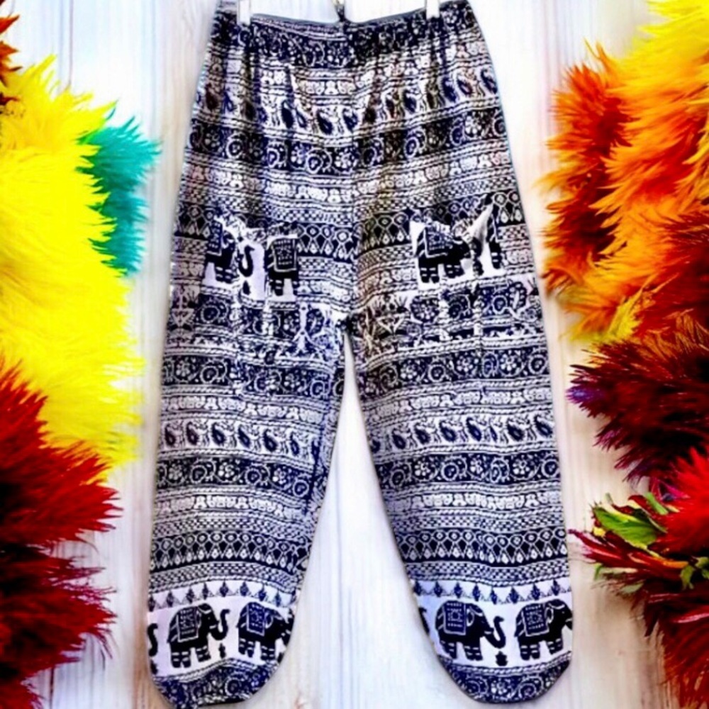 Petunia Black Elephant Print Lounge Harem Pants Boho New Free Size